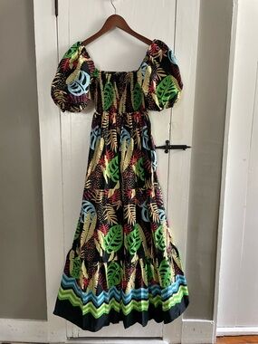Tropical Puff Sleeve Smocked Bodice Tiered Maxi Dress 100% Cotton S